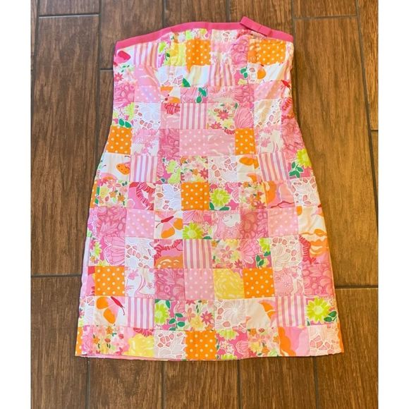 Lilly Pulitzer Dresses & Skirts - VINTAGE Lilly Pulitzer Patchwork Orange and Pink Strapless Dress Size 8